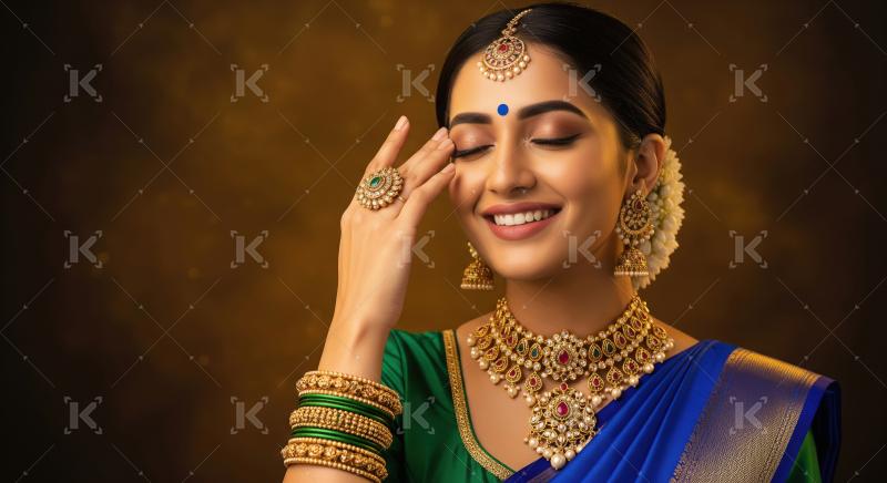 Beautiful Indian Woman in Traditional Gold Jewelry and Saree Smi
