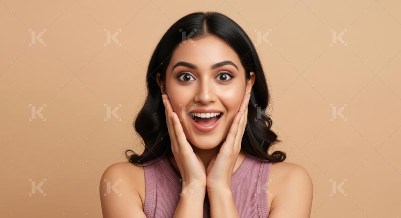 Beautiful Indian Woman Reacts with Wide-Eyed Surprise and Joy
