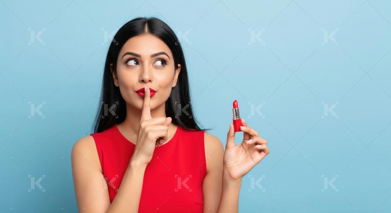 Woman Holding Lipstick with Finger on Lips Asking for Silence