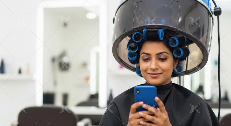 Happy Woman Under Hair Dryer Using Smartphone at Salon