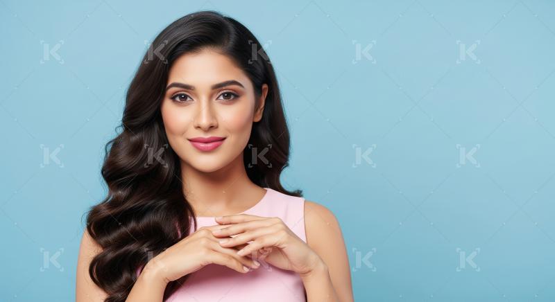 Beautiful Young Woman with Wavy Hair and Makeup