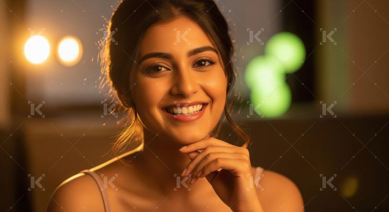 Beautiful Young Woman Smiling Radiantly in Warm Bokeh Light