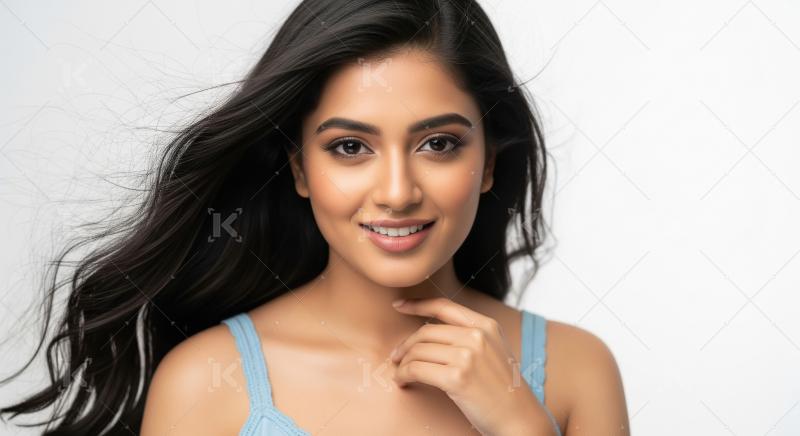 Beautiful Young Indian Woman with Flowing Dark Hair Smiling