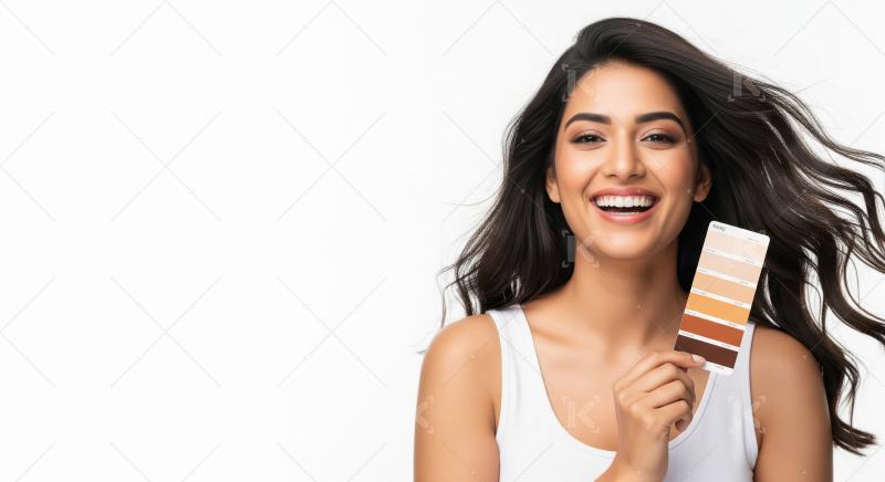 Happy Woman Holding Skin Tone Swatches for Makeup Match