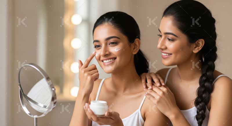 Smiling women applying face cream, enjoying beauty routine toget