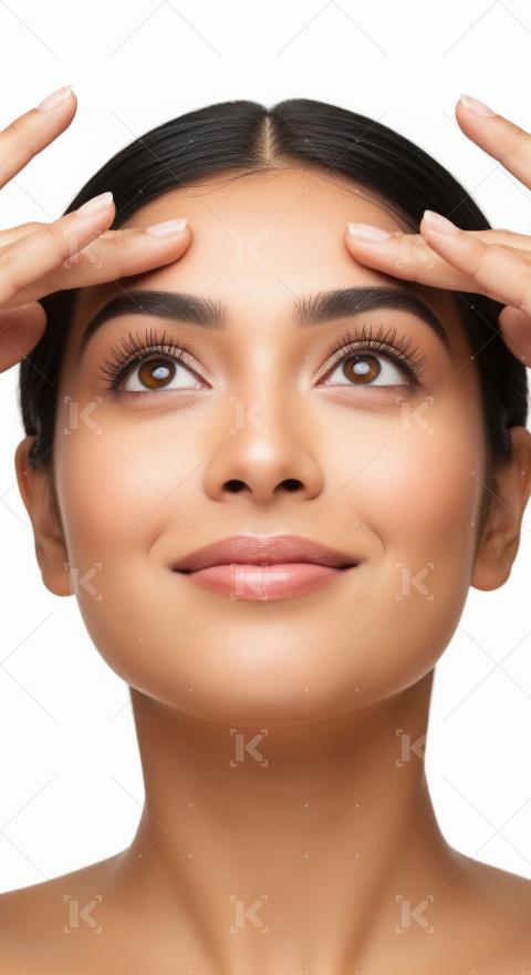 Young Woman Gently Touching Forehead for Skincare and Beauty