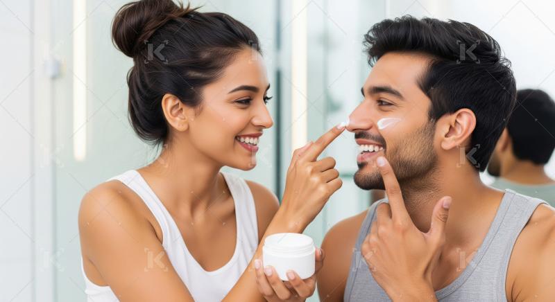 Happy Couple Shares Morning Skincare Routine in Bathroom