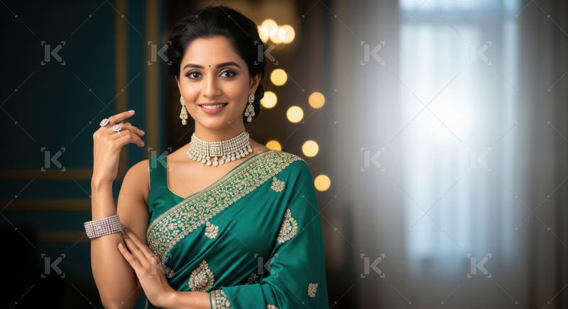Beautiful Indian Woman in Green Saree Adorned with Diamond Jewel