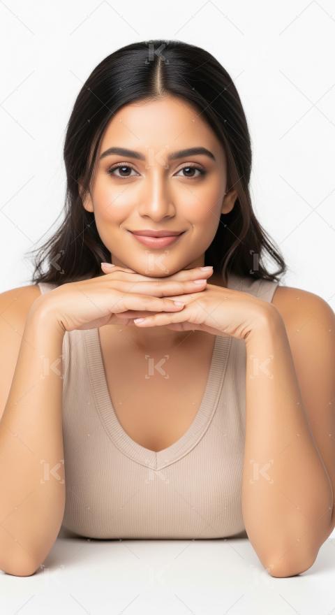 Beautiful Young Indian Woman Smiling, Hands Clasped, Natural Loo