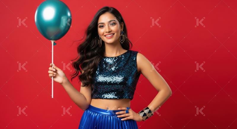 Happy Indian Woman with Balloon on Red Background