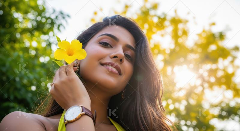 Beautiful Indian Woman Smiling with Yellow Flower Outdoors