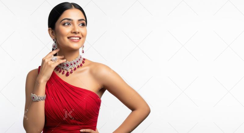 Beautiful Indian Woman Adorned in Exquisite Ruby Diamond Jewelry