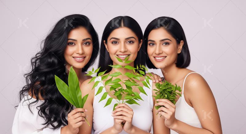Three Beautiful Women Holding Natural Herbs for Skincare