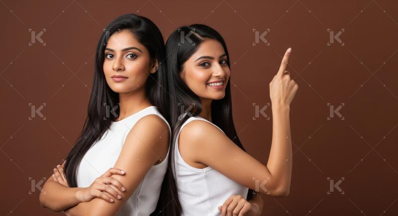 Two Beautiful Indian Women Back to Back, One Pointing