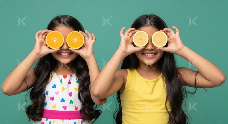 Happy Girls Playfully Holding Citrus Fruits Over Their Eyes