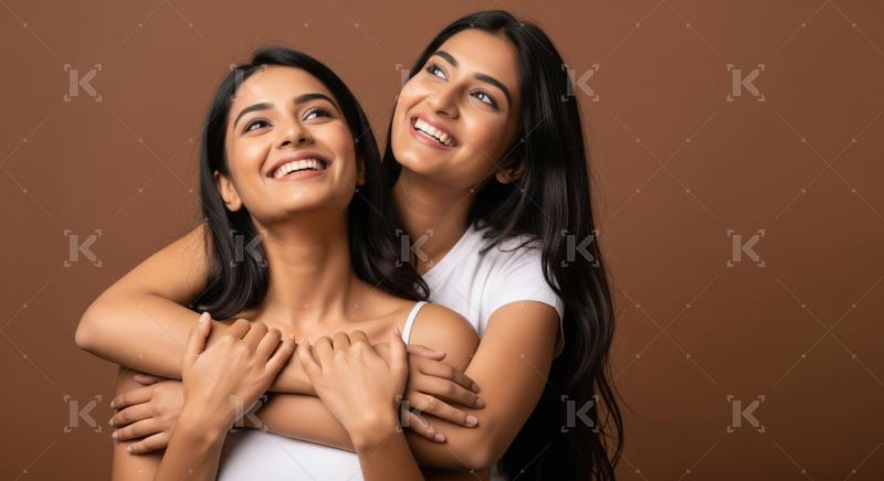 Joyful Indian Women Embracing, Looking Up Happily Together