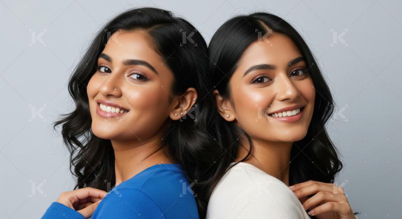 Radiant young Indian women smiling, standing back-to-back in stu