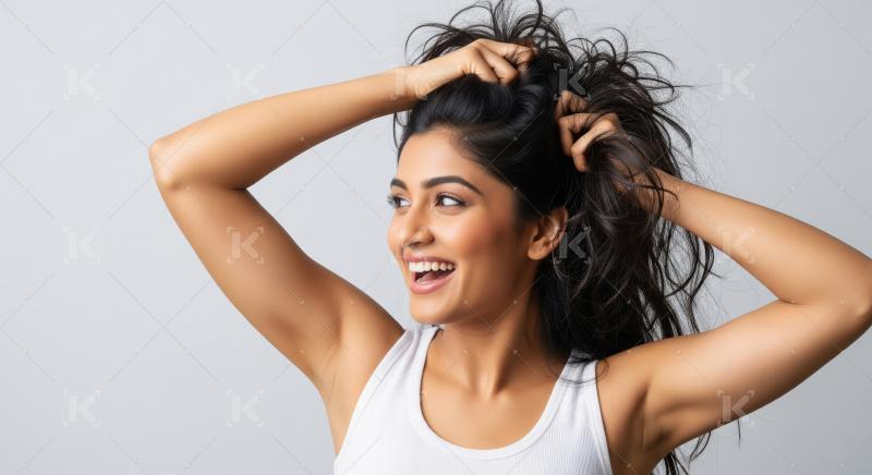 Joyful Indian Woman Laughing, Hands in Her Voluminous Hair