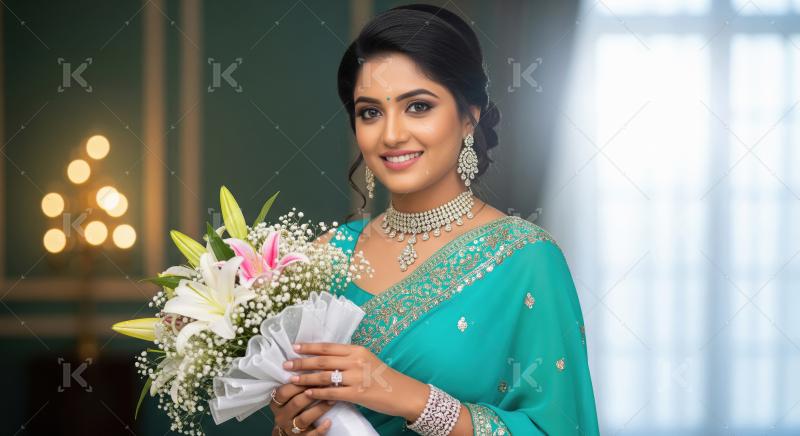 Elegant Indian Woman in Saree, Diamond Jewelry, Holding Bouquet