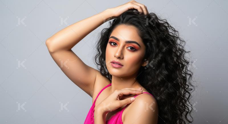 Beautiful woman with vibrant makeup and flowing dark curly hair