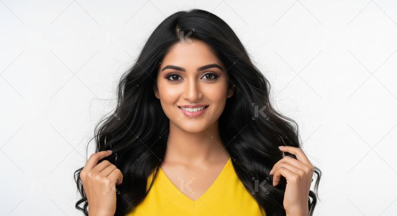 Beautiful Indian Woman Smiling with Long Wavy Hair