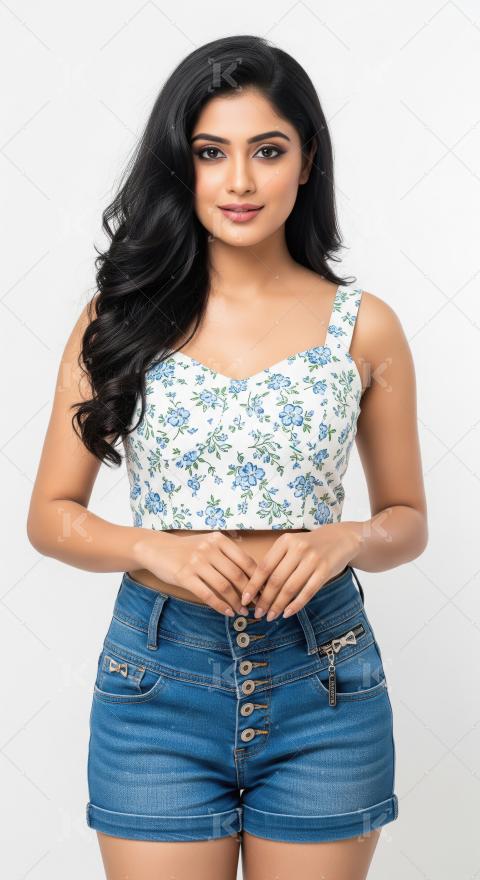 Beautiful Young Woman in Floral Crop Top and Denim Shorts