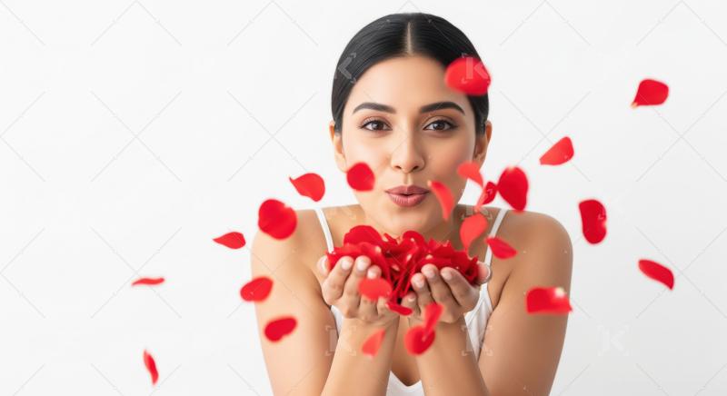 Joyful Woman Blowing Handful of Red Rose Petals