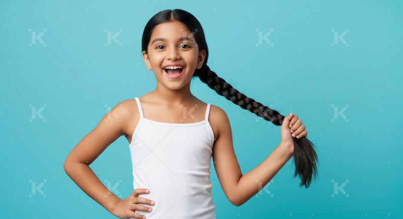 Happy Indian Girl Holding Long Braid Smiling on Turquoise Backgr