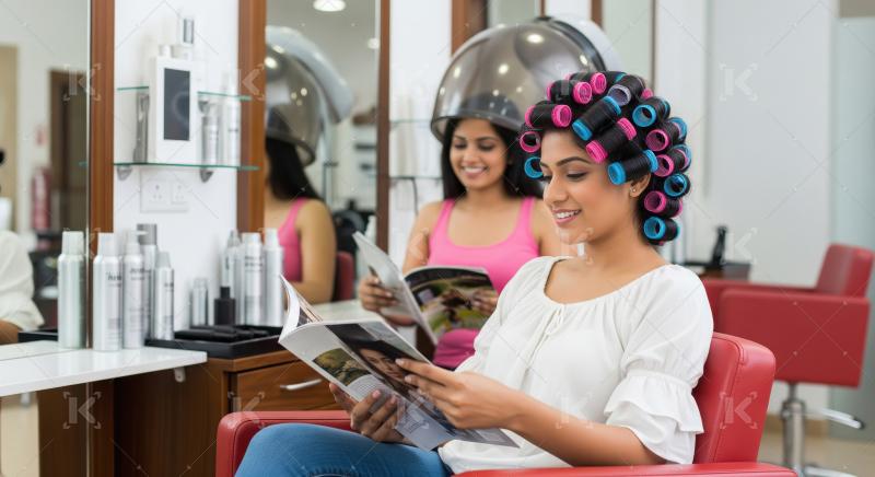 Women Relaxing in Hair Salon with Rollers and Hair Dryer