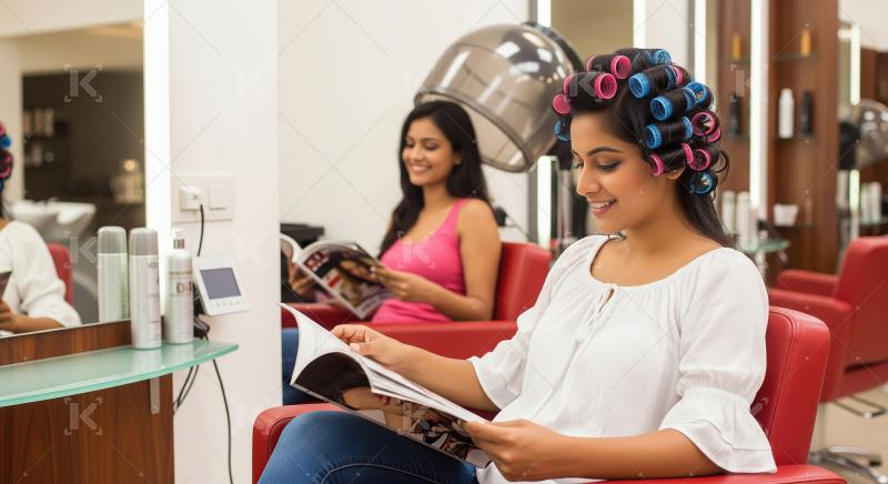 Women Relaxing, Enjoying Magazine, Getting Hair Done at Salon