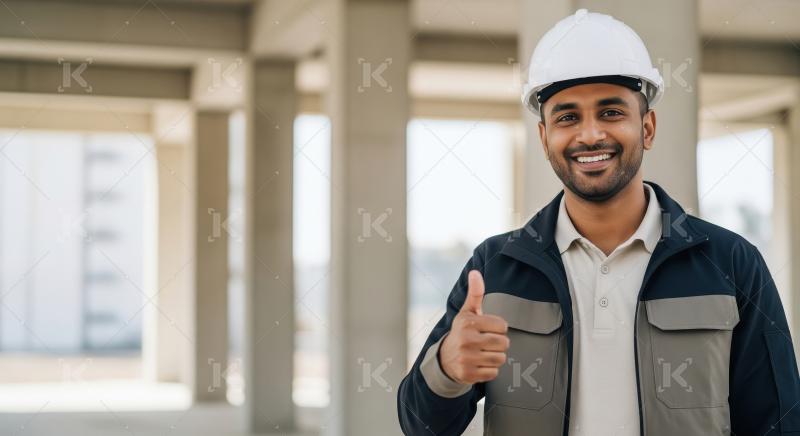 A confident construction professional wearing a hard hat gives a