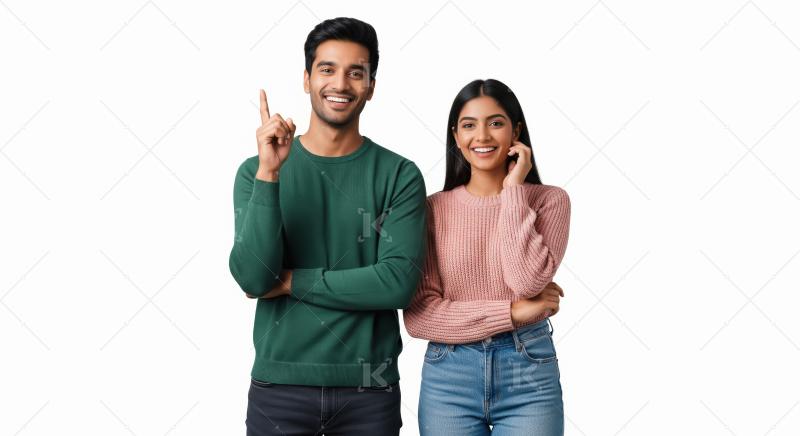 A modern young Indian couple in casual sweaters and jeans stand