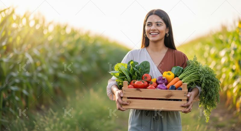 A young Indian woman stands in a sunny farm field, holding a woo
