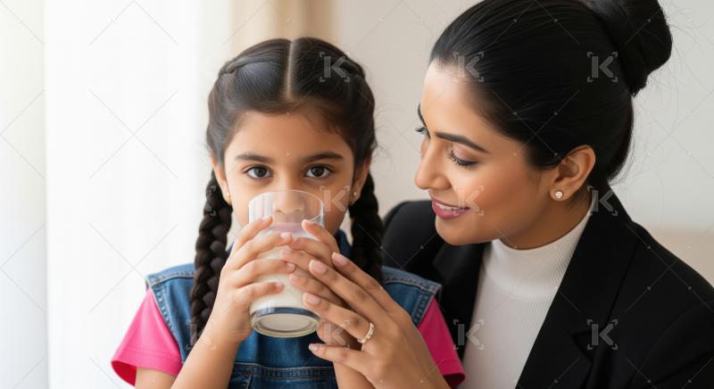 A caring mother helps her young daughter drink a glass of milk,