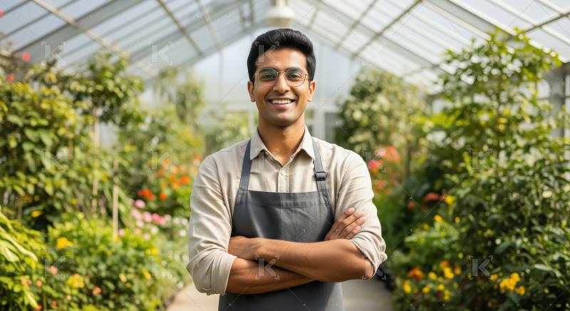 A confident young Indian man in glasses and an apron stands smil