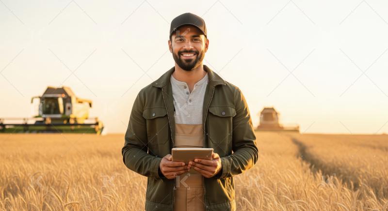 A smiling young Indian farmer stands in a golden wheat field usi