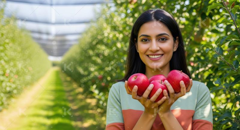 A smiling Indian woman stands in a lush orchard, holding three b