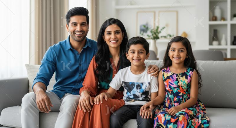 A joyful Indian family of four sits together on a sofa at home,
