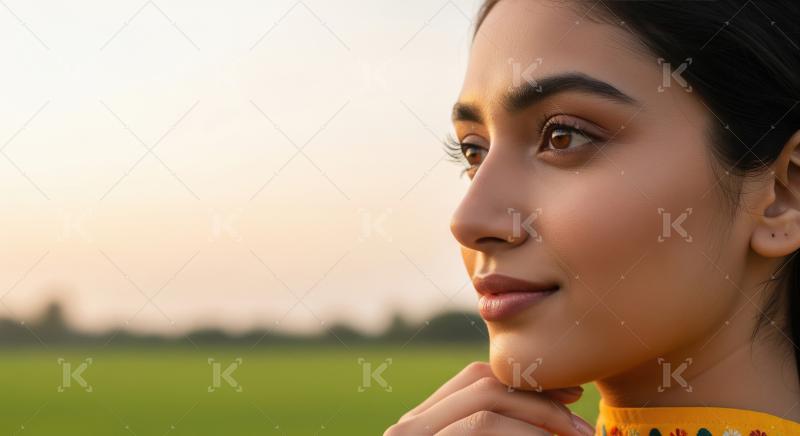 A young Indian woman gazes thoughtfully into the distance, her s