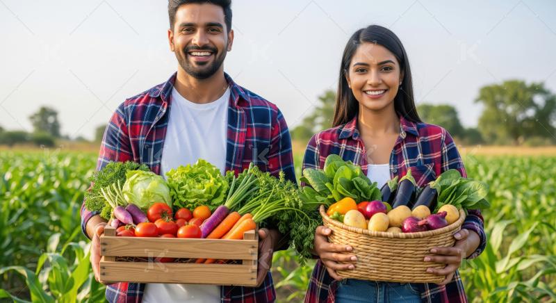 A joyful Indian man and woman stand together in a lush field, ea