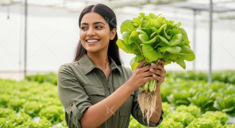 A joyful young Indian woman in a greenhouse holds a freshly harv