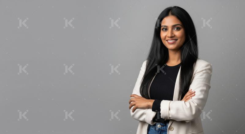 A confident young professional woman in a blazer poses with a fr