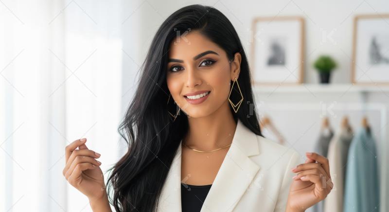 Stylish young Indian woman with long flowing hair wears a white