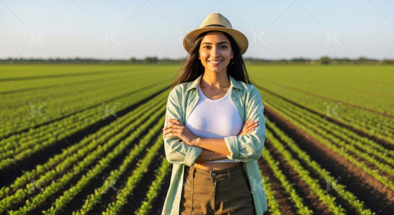 A confident young Indian woman stands in a green agricultural fi