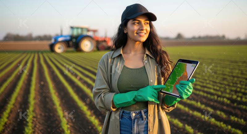 A woman in a cultivated field uses a digital tablet displaying a