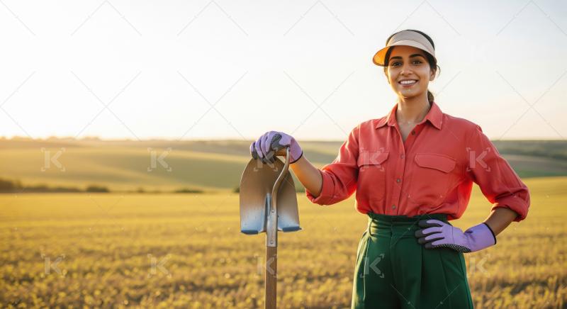 A young Indian woman farmer stands confidently in a field at sun