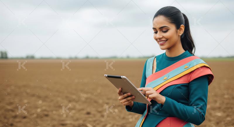 A young Indian woman in a modern teal and multicolored sari stan