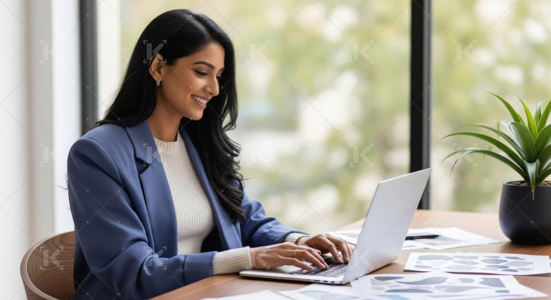 Young indian corporate woman working on laptop