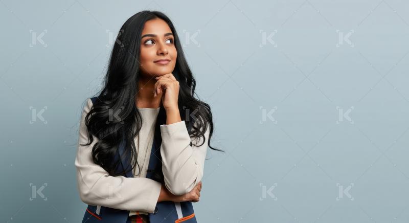 A thoughtful young Indian woman with long wavy hair poses confid