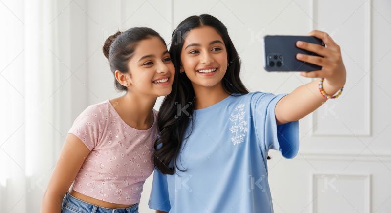 Two young Indian girls take a cheerful selfie together indoors,